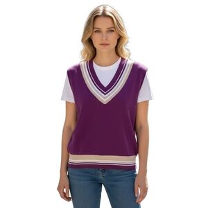 Womens Y2K Izod New Golf Sweater Vest XL Purple Cream V Neck Preppy Varsity